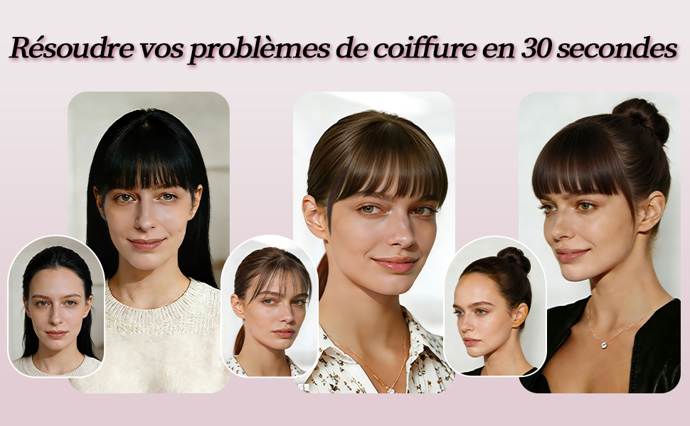 Texte : « Résoudre vos problèmes de coiffure en 30 secondes ». Plusieurs vues illustrant différentes coiffures en progression.