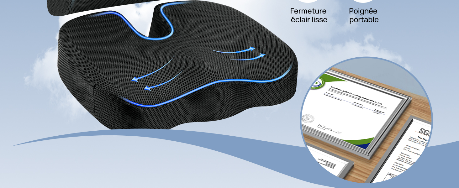 Coussin de siège ergonomique noir avec surface profilée et indicateurs de débit d'air bleus. Dispose d'une régulation de la température et d'un soulagement du point de pression, illustrés par une étiquette du produit.