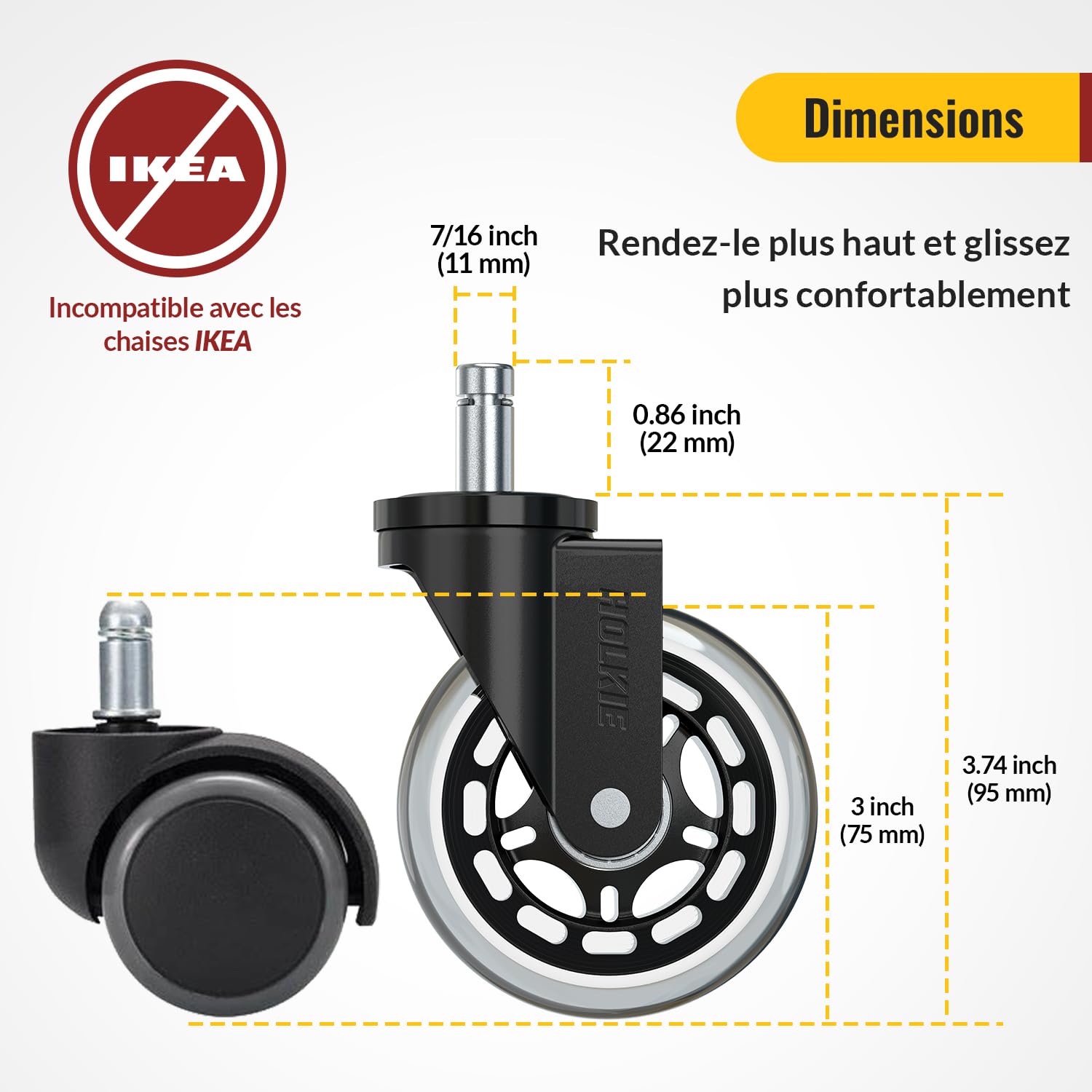 Holkie - roulettes caoutchouc pour chaise bureau - 11x22 mm - lot de 5 robustes, pour sols bois et tapis