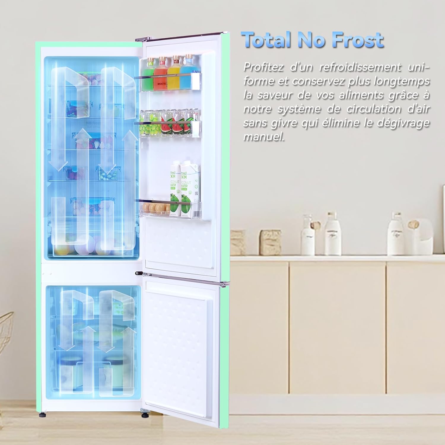 magictec - frigo vintage combiné 179cm, 236L, no frost, vert matcha