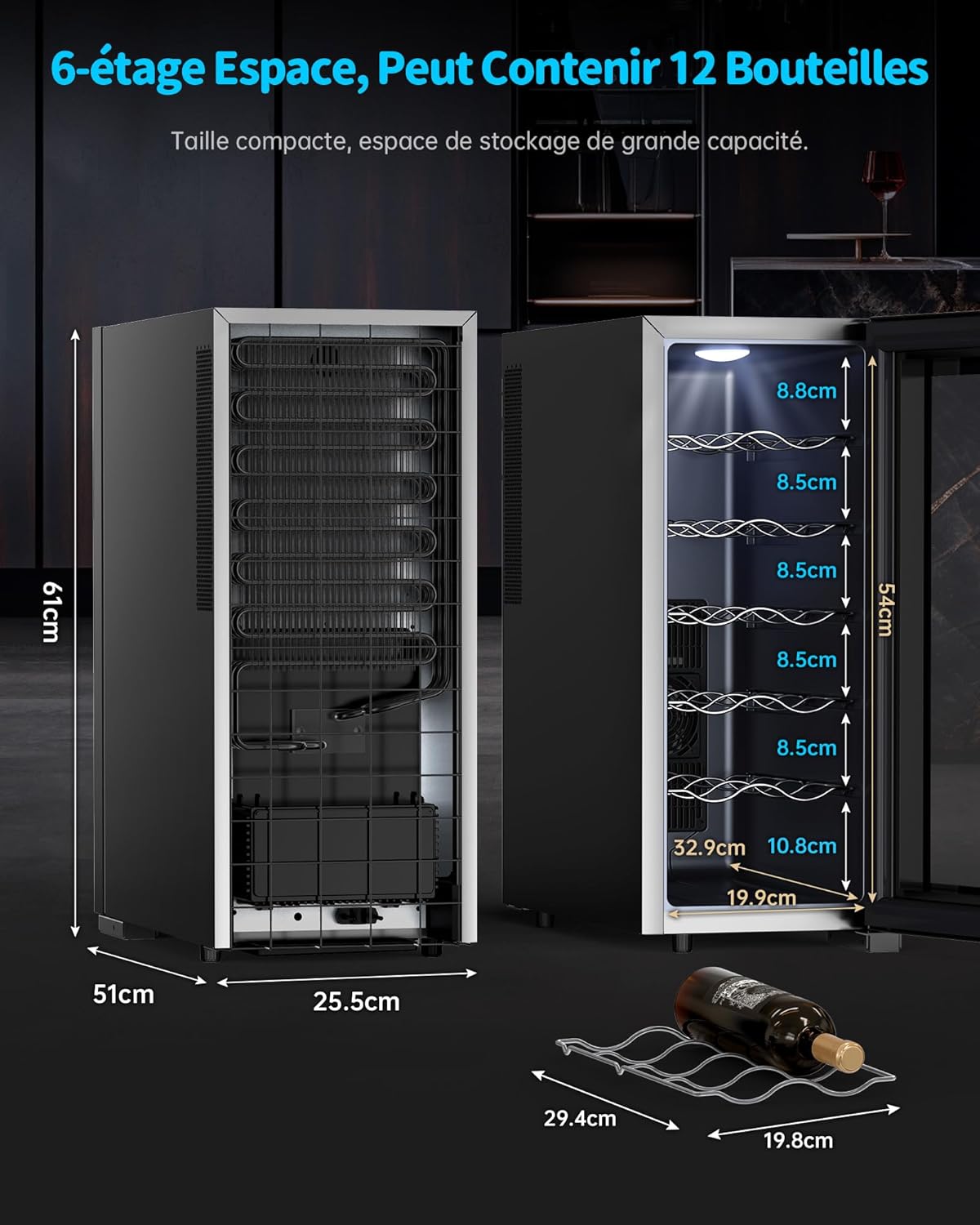 WIE - Cave à vin Mini - 33L - 12 bouteilles, miroir, LED, écran tactile