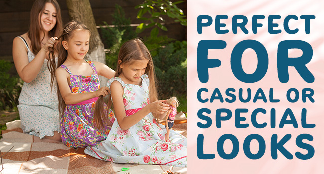 Le texte indique « PARFAIT POUR LES LOOKS DÉCONTRACTÉS OU SPÉCIAUX ». Cadre extérieur montrant un pique-nique ou une activité artisanale en cours.