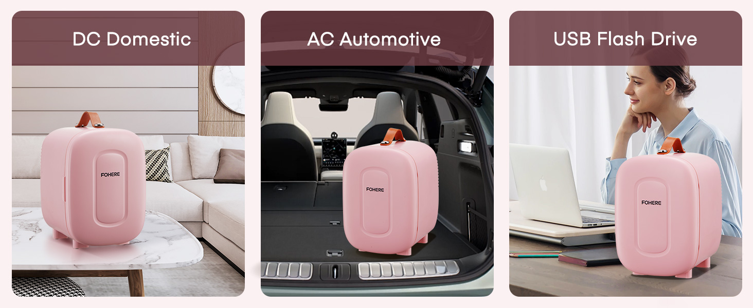 Mini-réfrigérateur rose compact présenté dans trois configurations : maison, voiture et bureau. Appareil polyvalent pour un usage domestique, les voyages en voiture et comme appareil alimenté par USB