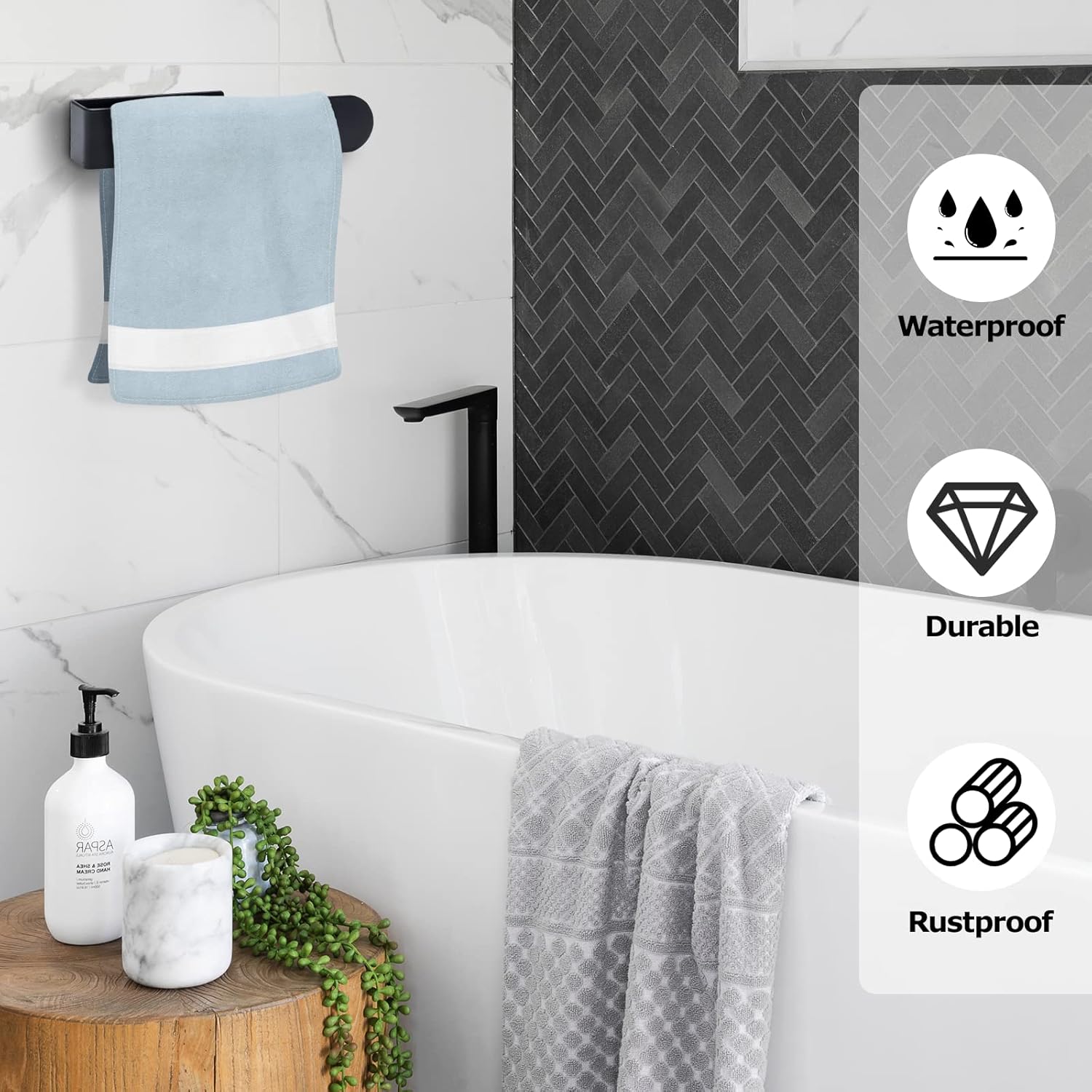 BillyBath - porte-serviette mural série noir - 20 cm - fixation adhésive ou perçage