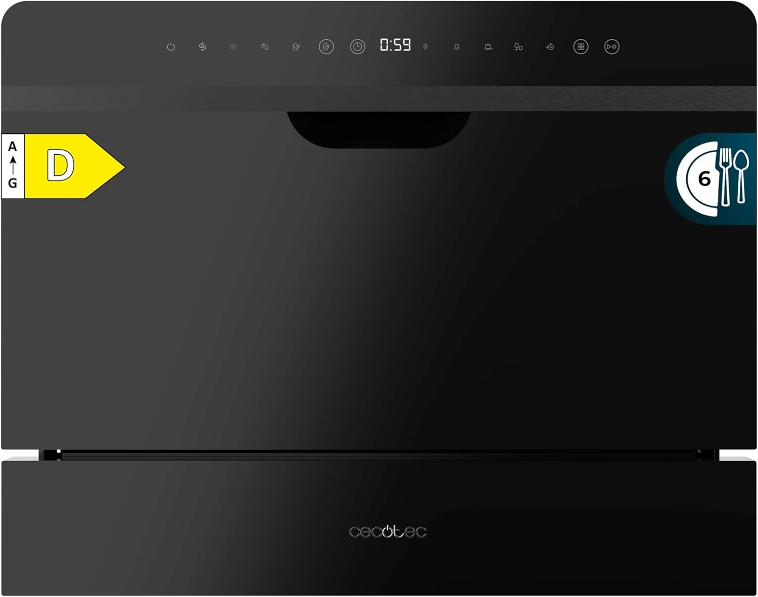 Cecotec - Bolero Aguazero 2500 S-BI - compact 6 couverts - 5 programmes, verre noir, départ différé, 1380W, 2500 S-BI