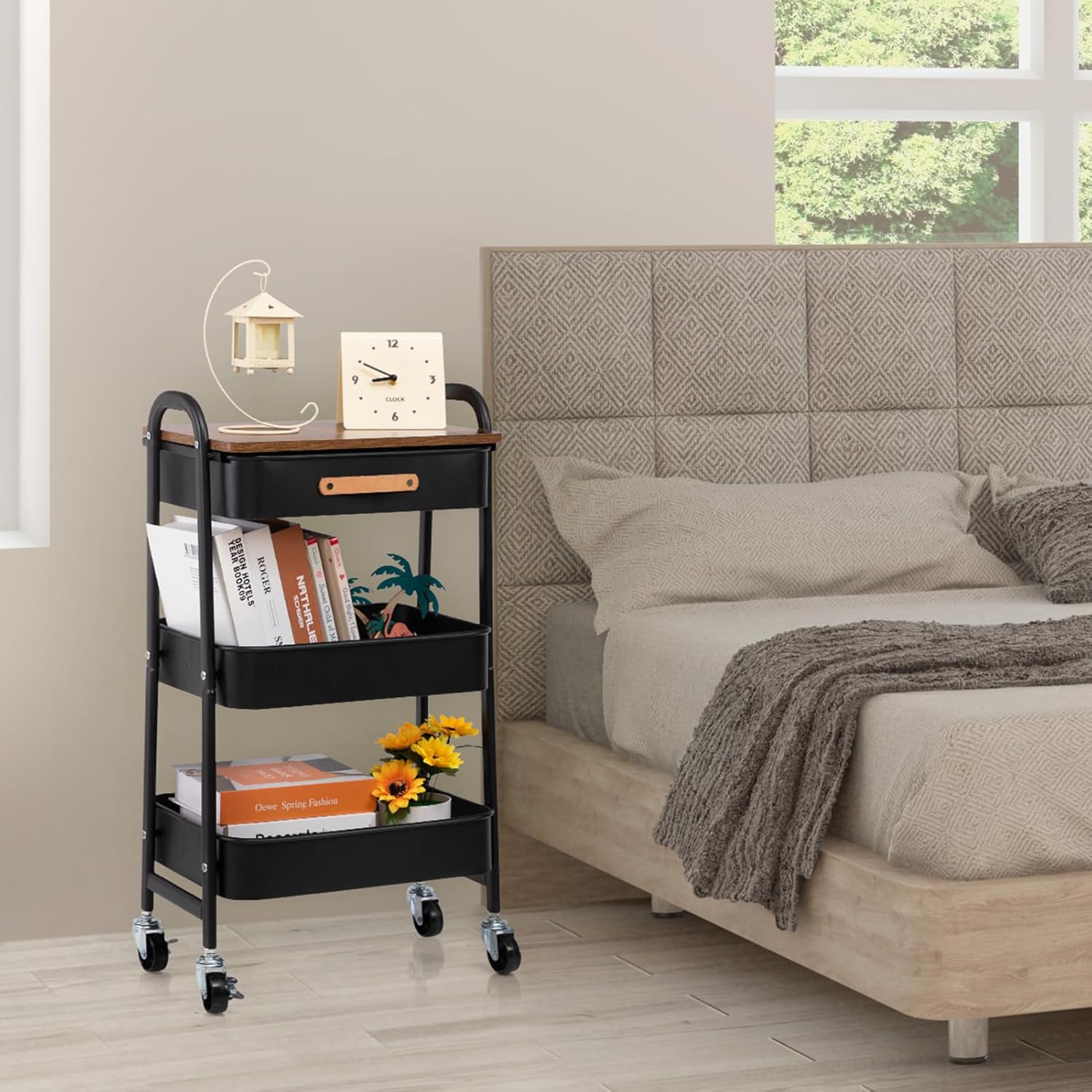 DOEWORKS - chariot 3 niveaux métal avec tiroir, roues, cuisine/bureau, noir
