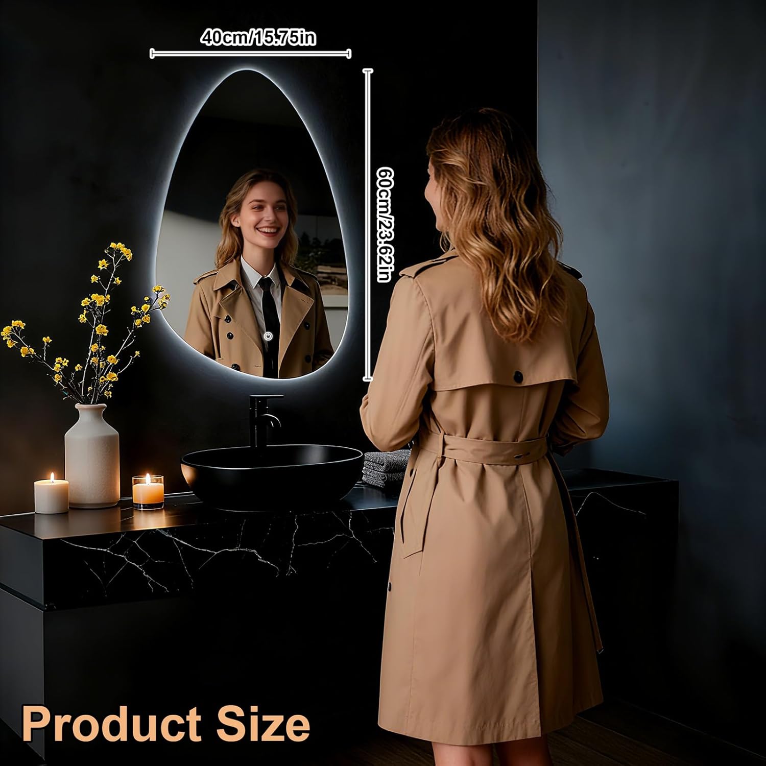 Miroir de Salle de Bain - LED, tactile, 3 couleurs, 60x40 cm