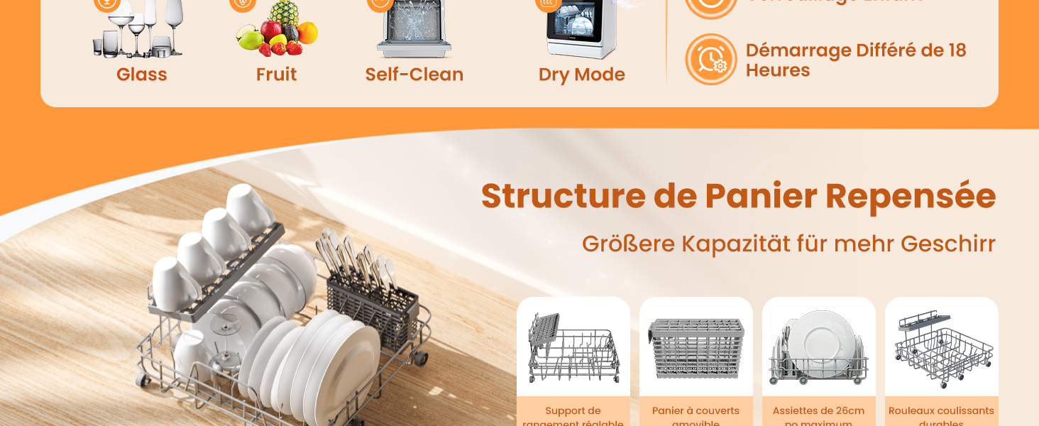 Barre de navigation orange avec des icônes et un diagramme montrant les composants structurels dans des illustrations grises.