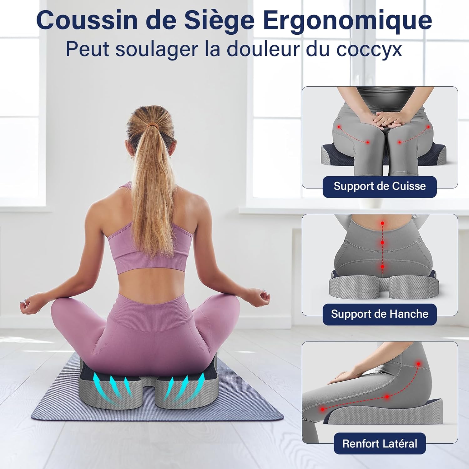 Coussin coccyx - ergonomique, soulage douleur hanches & sciatique, assise chaise bureau, gris foncé