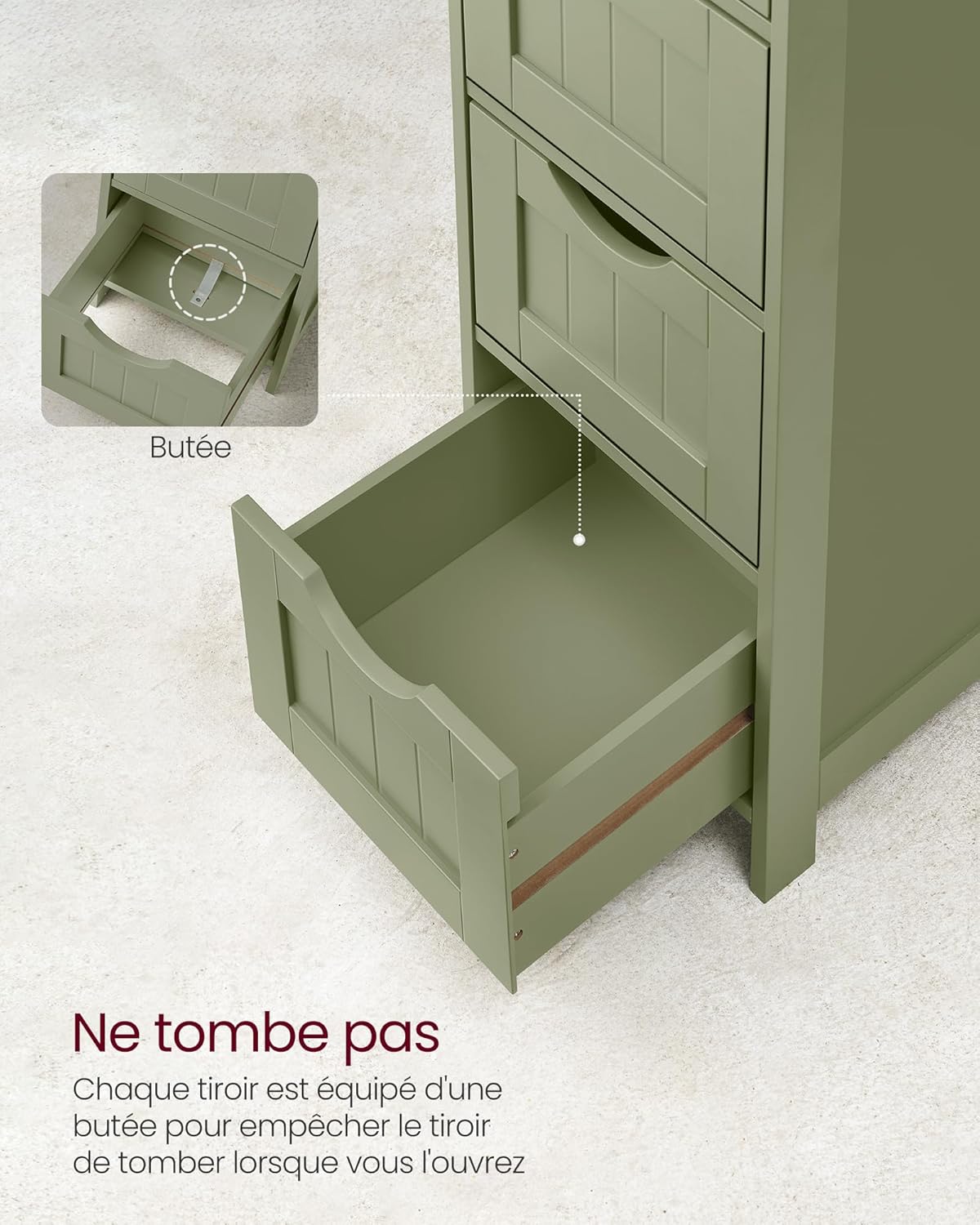 VASAGLE - meuble salle de bain, 4 tiroirs, 30x30x82 cm, vert olive, LHC040C02