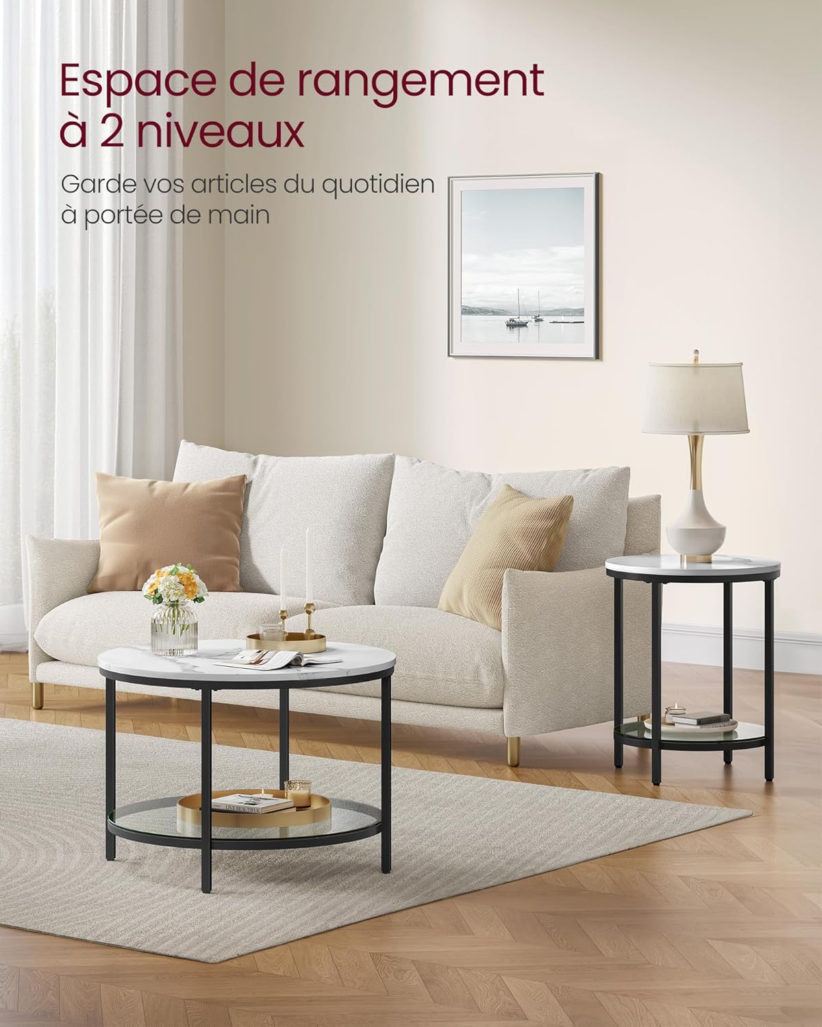 VASAGLE - table basse marbre/verre trempé, facile à assembler, LCT072W13