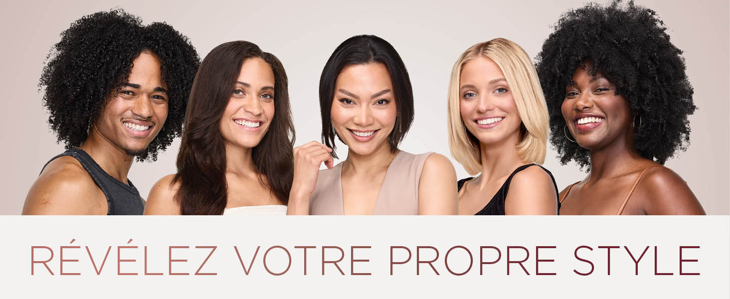 Le texte se lit comme suit : « RÉVELEZ VOTRE PROPRE STYLE ». Publicité de beauté montrant plusieurs femmes avec différentes coiffures et expressions sur fond clair.