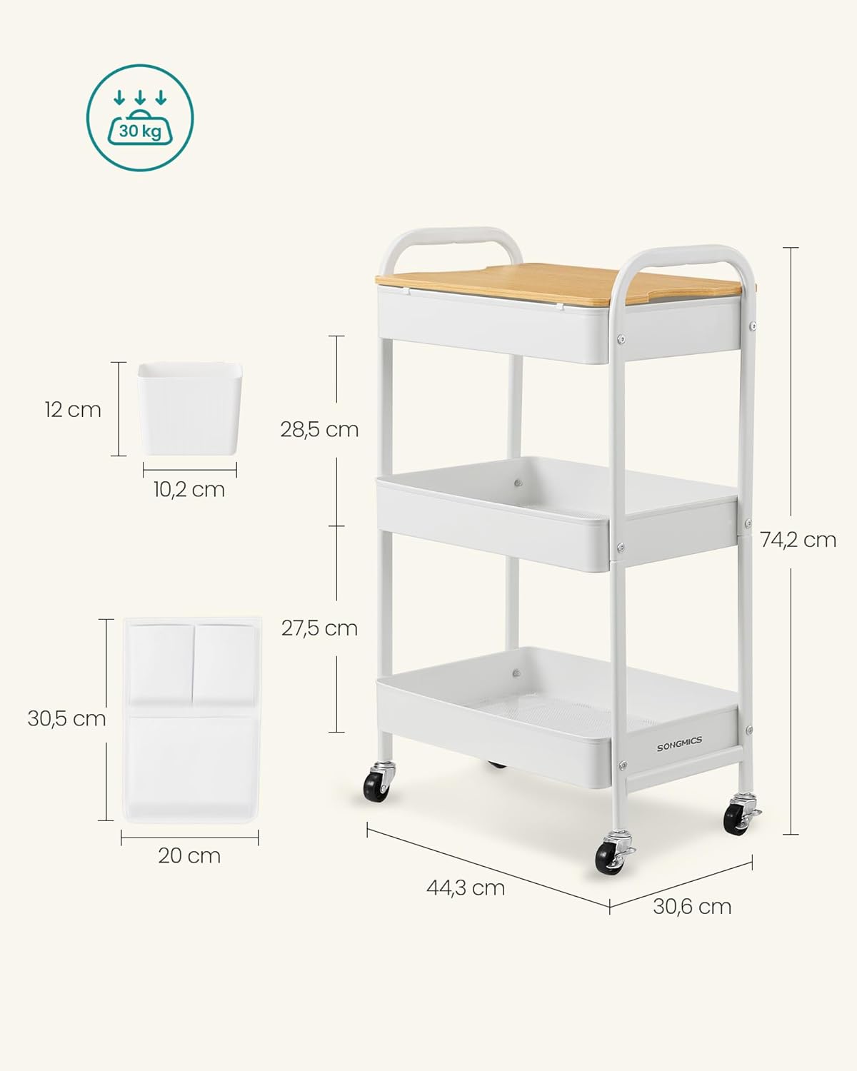 SONGMICS - Chariot de rangement 3 niveaux, blanc, avec table, pots et poches - LRC036W01