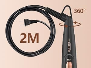 Le texte indique « 360° » et « 2M ». Présentation du produit représentant un câble ou un cordon noir avec des détails rapprochés des connecteurs et des indicateurs de longueur de câble sur fond pêche.