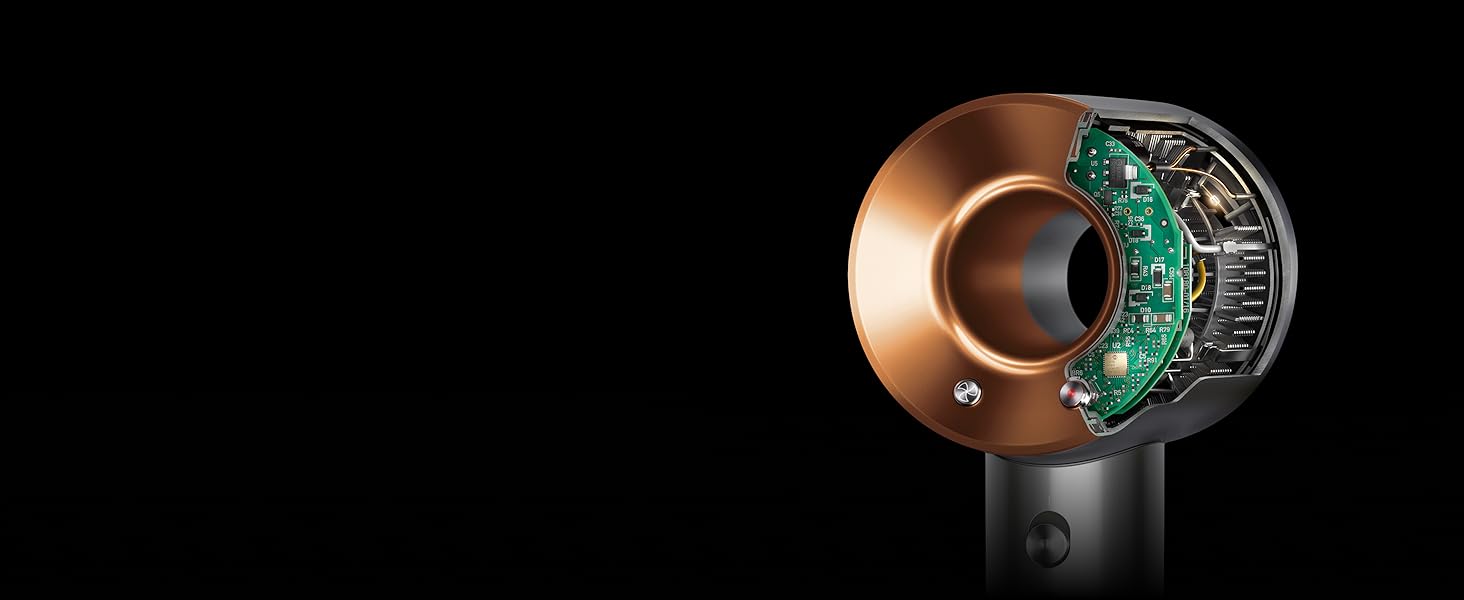 Plan en coupe du Dyson Supersonic montrant la technologie de contrôle intelligent de la chaleur.