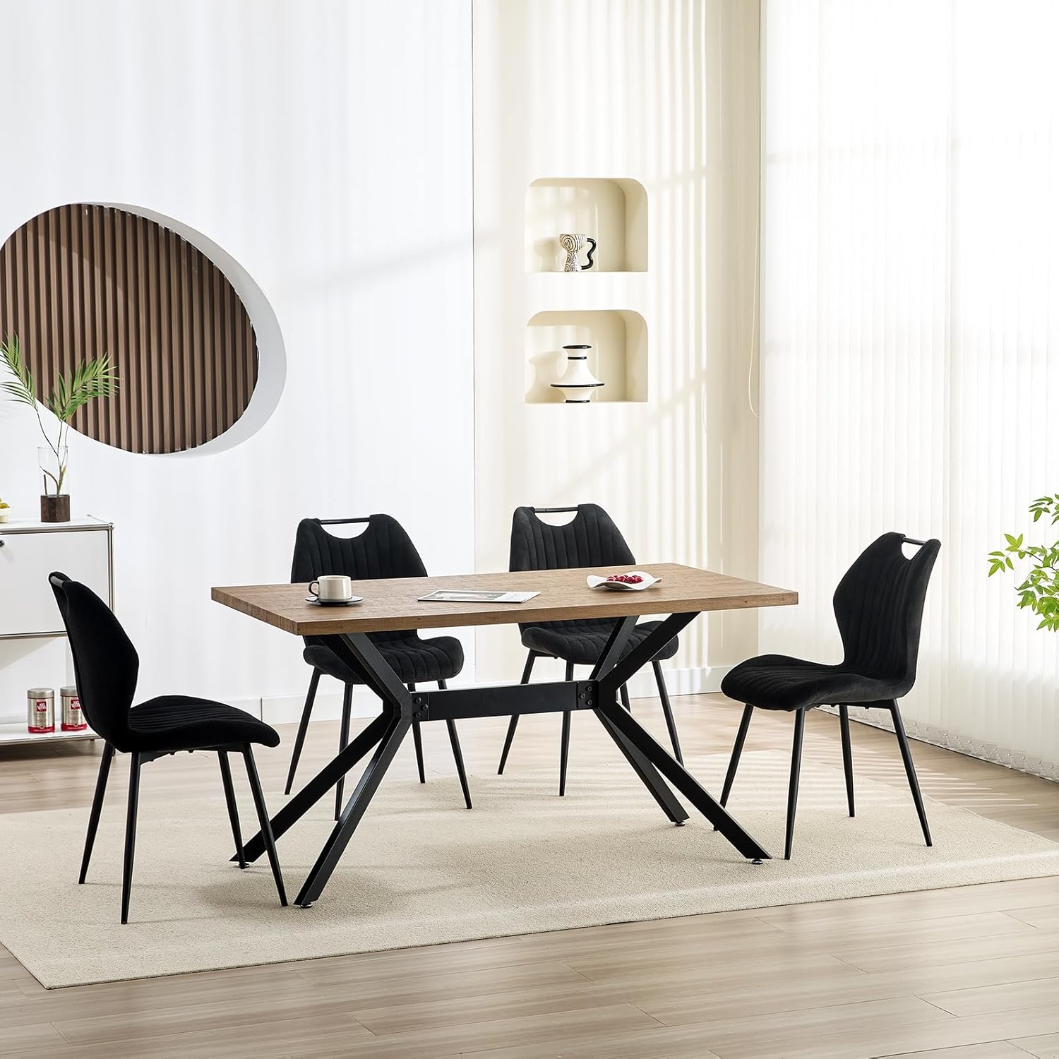 Chaise de salle à manger - tissu noir, pieds métal, lot de 2, dossier confortable