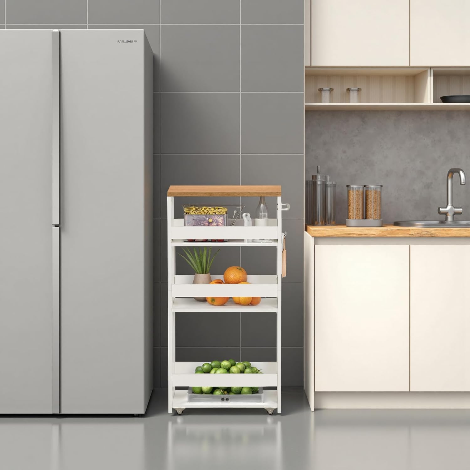 Chariot de rangement - étroit 20cm, 4 niveaux, roulettes, poignée, crochets