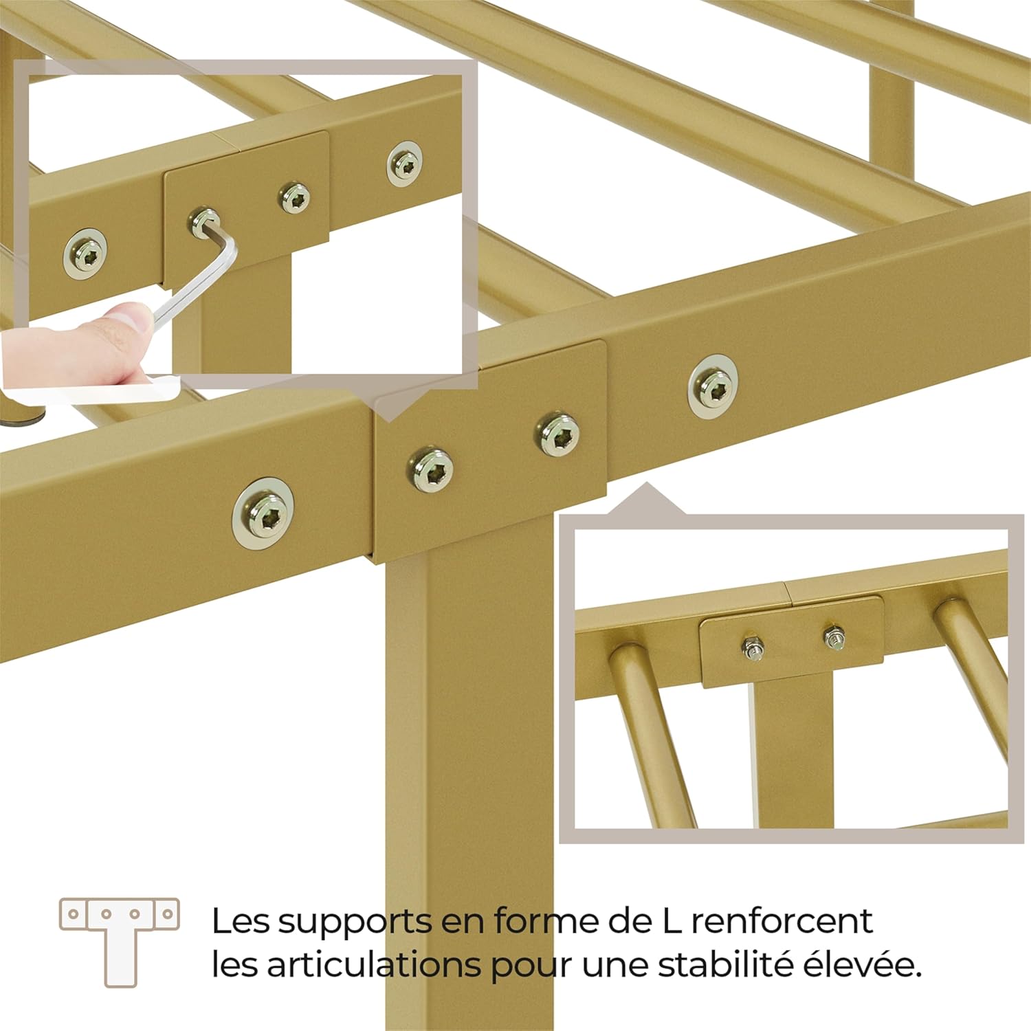 Yaheetech - lit simple métal - 90x190cm - cadre compact or antique