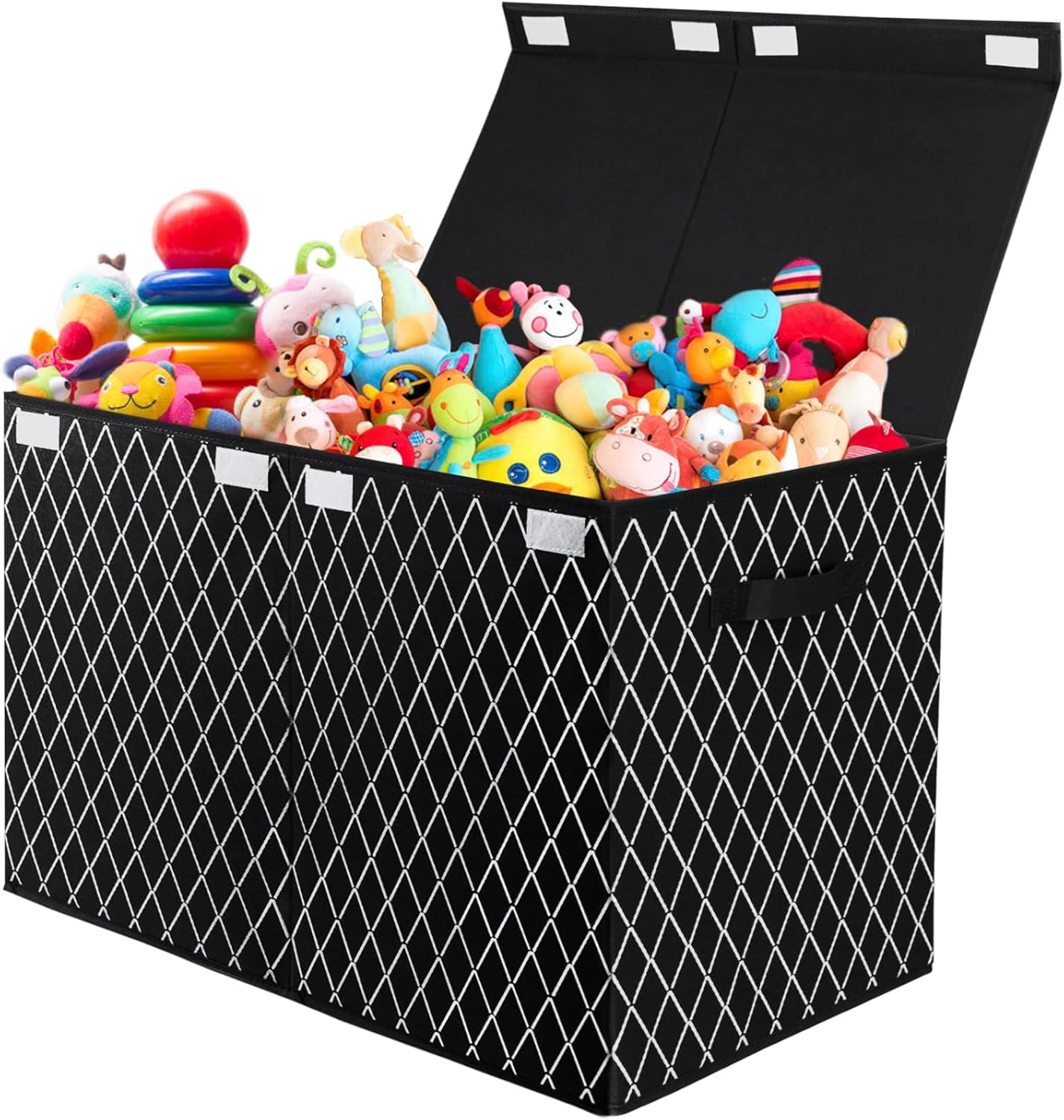 Boîte à jouets - coffre motif carreaux noirs, poignées, couvercle, rangement chambre enfant