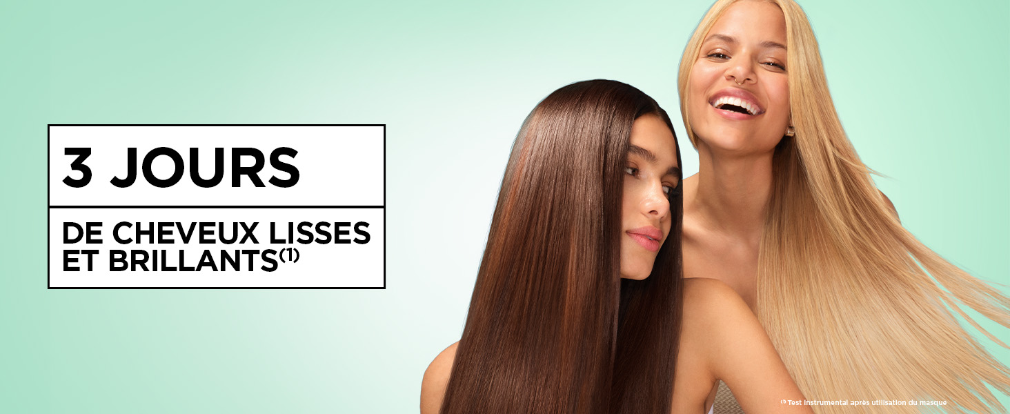 Le texte indique « 3 JOURS » et « 29 CHEVEUX LISSES ET BRILLANTS ». Série de photos illustrant la transformation des cheveux, montrant les étapes progressives de la coiffure.