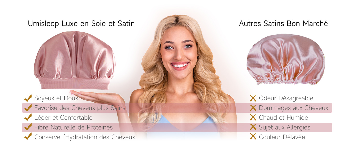 Deux bonnets de nuit en satin rose avec caractéristiques comparatives répertoriées. Le capot gauche est coché pour les avantages, le capot droit est marqué X pour les inconvénients. Femme montrée portant un haut rose en arrière-plan.