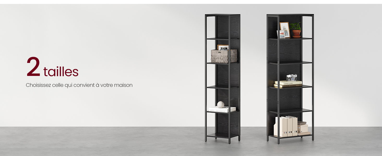 Deux étagères en métal noir de différentes hauteurs. Le texte indique « 2 tailles » (2 tailles). Les unités ont plusieurs étagères ouvertes pour le rangement.