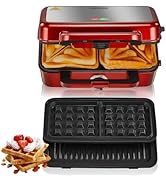 Gaufrier métallique rouge avec plaques amovibles présentant à la fois une grille à gaufres et des surfaces de cuisson plates. Garniture décorative de gaufres et de fraises dans un coin.