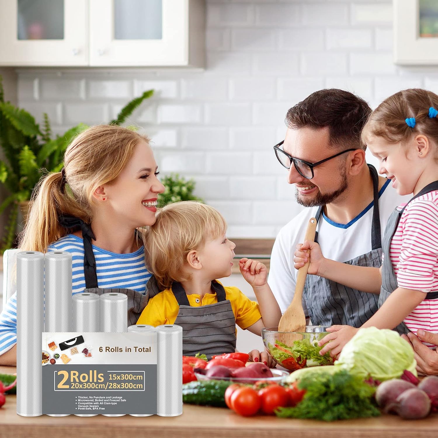 Rouleau sous vide alimentaire - lot de 6 - 28/20/15x300cm - compatible toutes machines