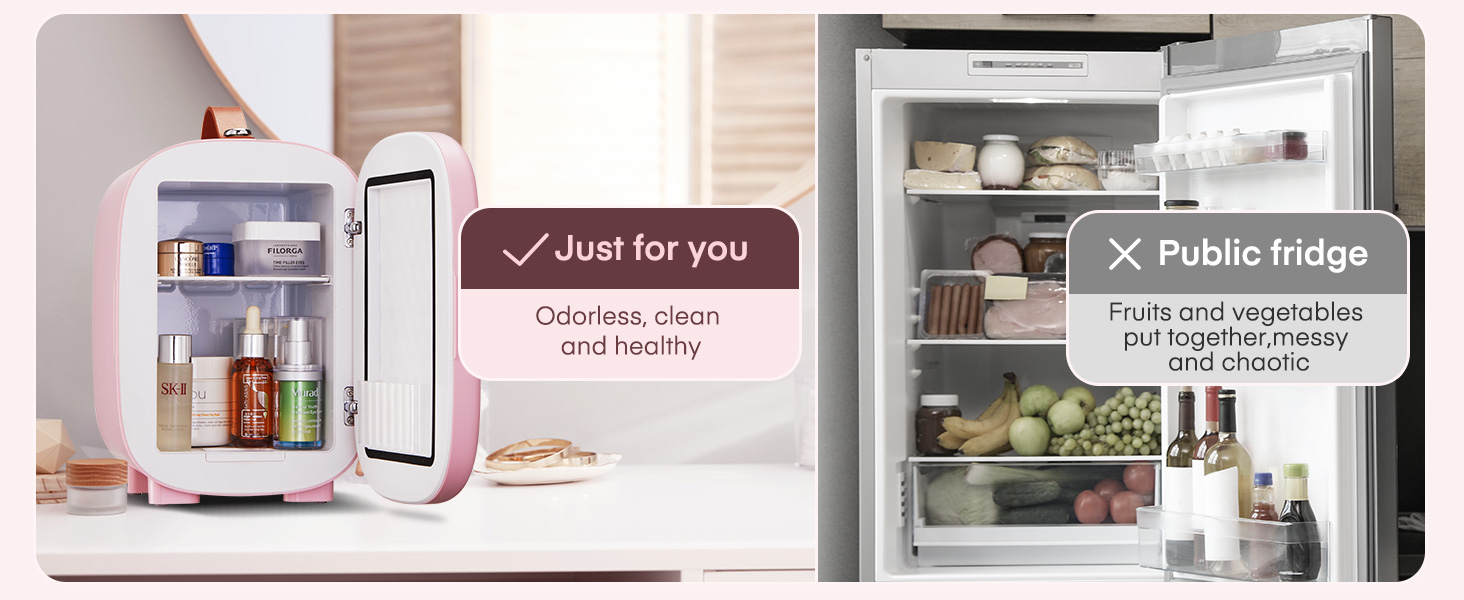 Vue divisée comparant l'intérieur d'un mini-réfrigérateur personnel organisé avec le rangement des réfrigérateurs publics, démontrant les différences d'espace de rangement et d'organisation.