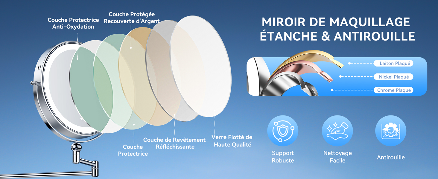 Le texte indique « MIROIR DE MAQUILLAGE ÉTAGÈRE & ANTIBROUILLE ». Schéma du produit montrant un miroir de maquillage doté de multiples caractéristiques, notamment un éclairage LED et des composants d'étagère de rangement.