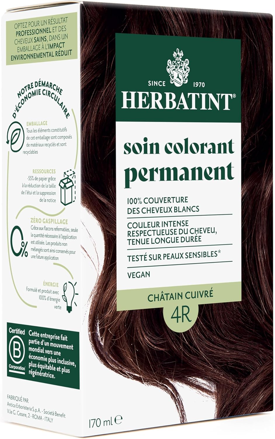Herbatint - Soin Colorant Cheveux 170ml - Sans Ammoniaque, 100% gris, 8 extraits bio, 4R