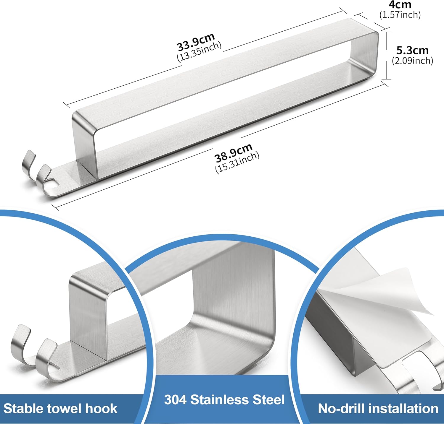 Porte-serviettes sans perçage - inox 304 brossé - argent - adhésif, crochets