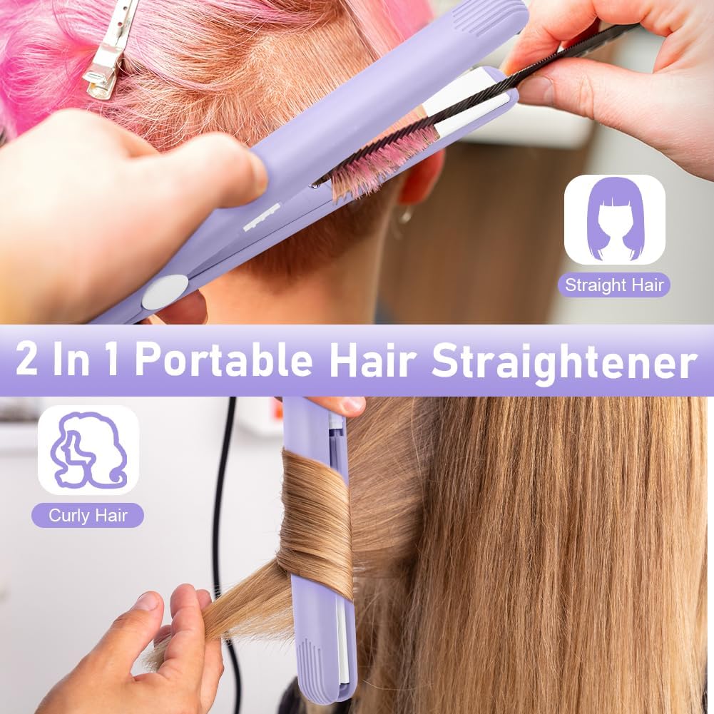 LOPHE - Mini fer à lisser 2 en 1, 110-220V, chauffe rapide 10s, violet