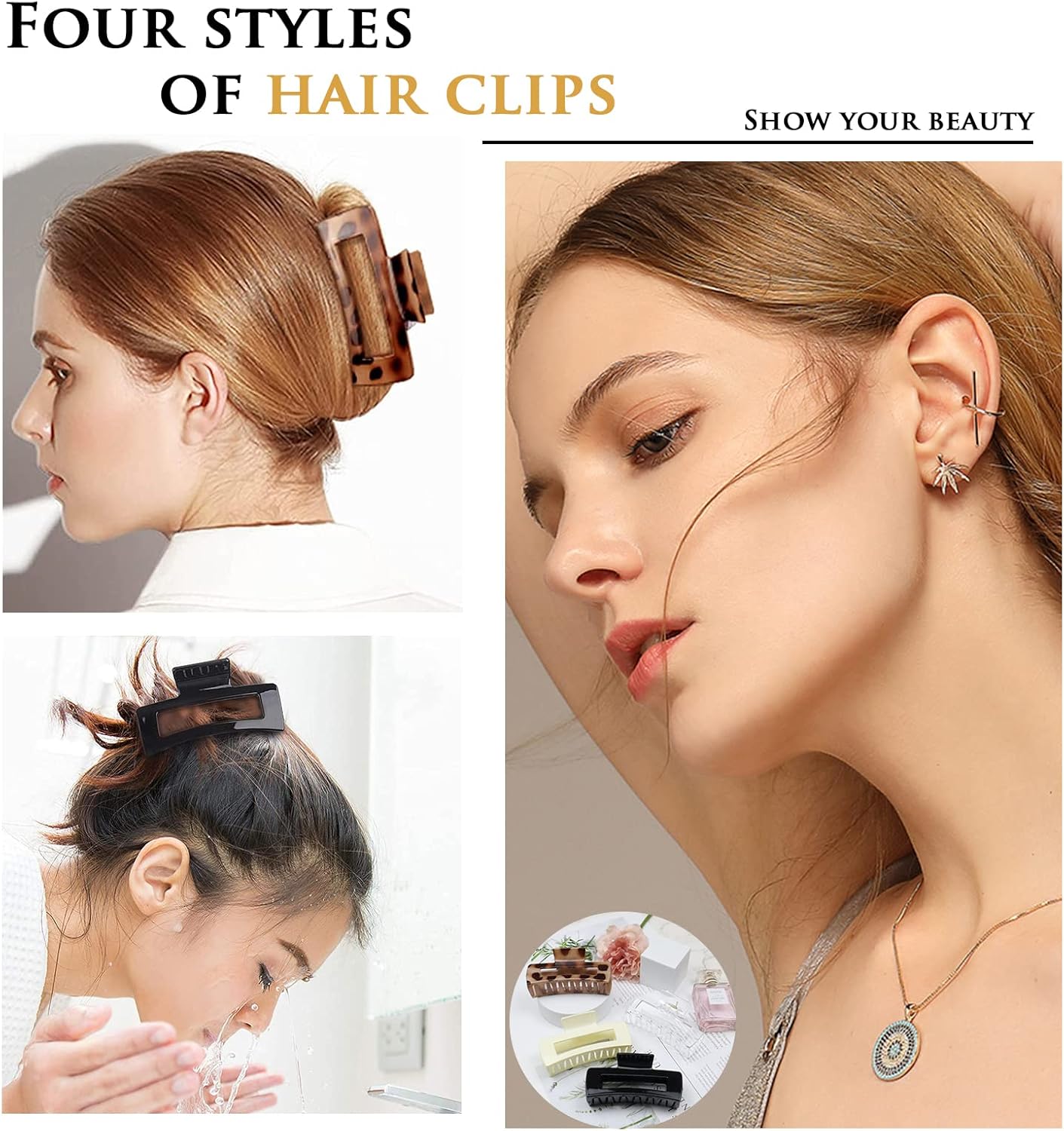 Kavya - Lot 4 pinces cheveux rectangulaires - plastique - antidérapantes, adaptées cheveux épais