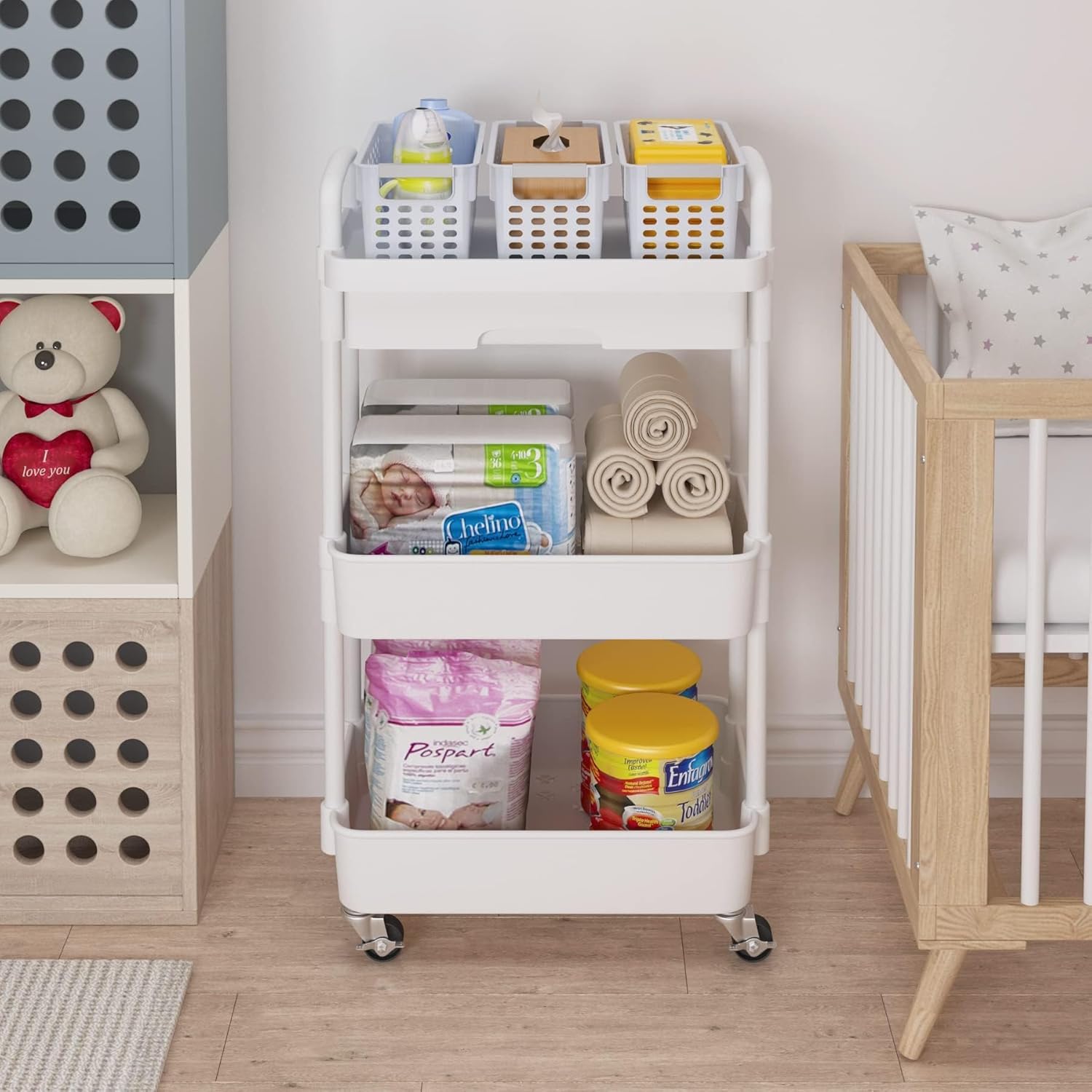 Chariot de rangement - 3/4 niveaux, plastique, tiroirs, à roulettes, compact