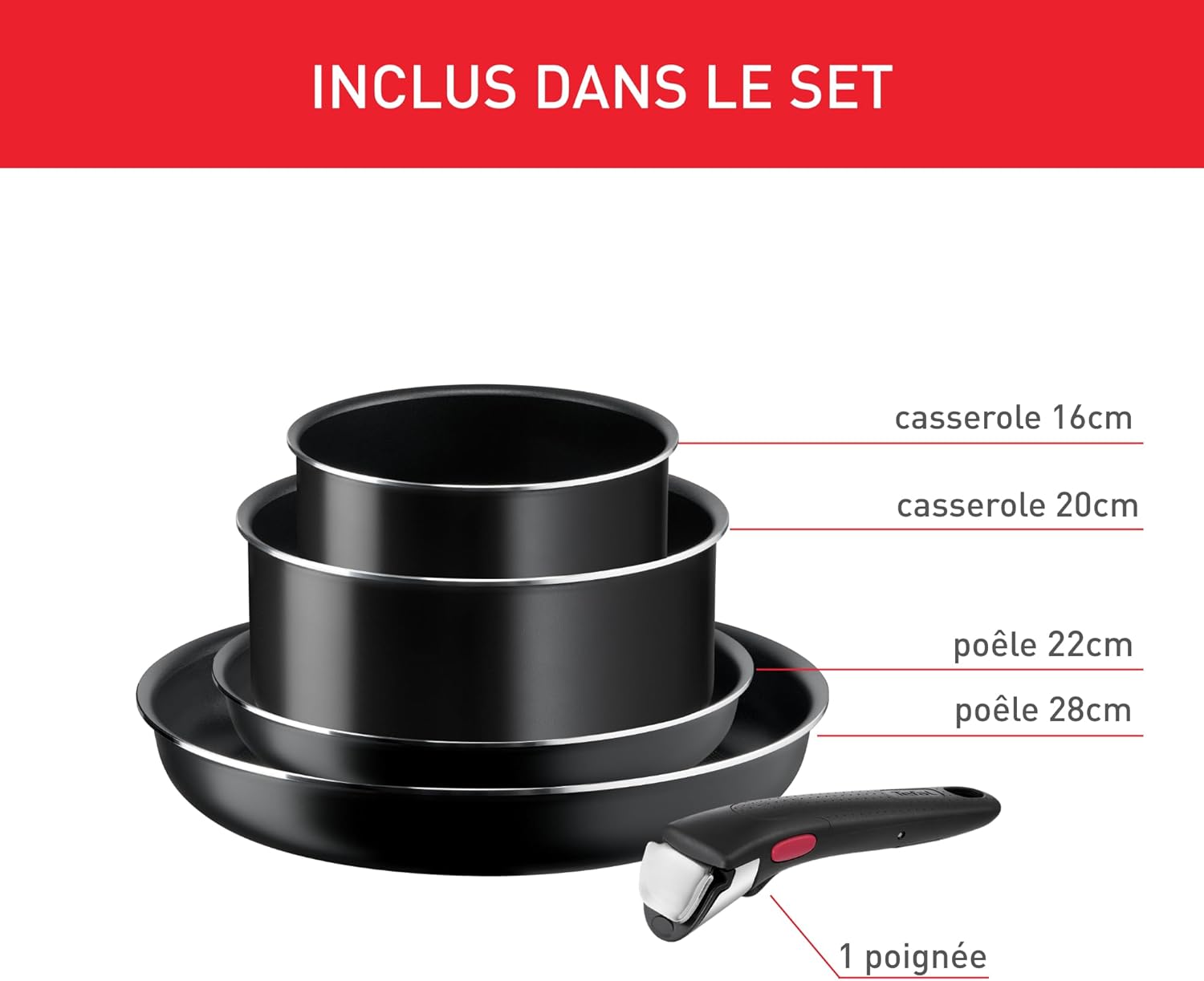 Tefal - Ingenio Easy On - 5 pièces, 16/20/22/28 cm, poignée amovible, antiadhésif, empilable - L1599502