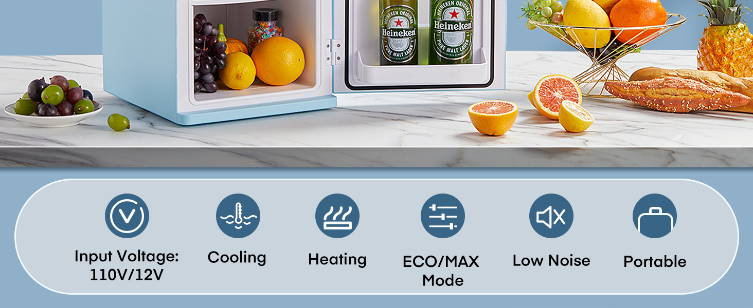 Mini-réfrigérateur compact avec fruits et boissons à l'intérieur, avec des icônes indiquant les caractéristiques : entrée 110 V/12 V, refroidissement, chauffage, mode ECO, faible bruit et portable