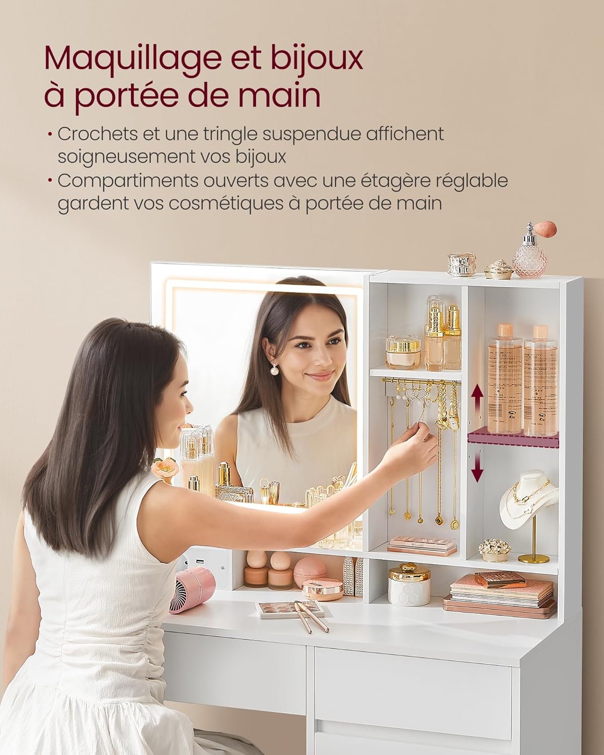 VASAGLE - Kailyn Collection - 90 cm - coiffeuse LED, 3 éclairages, tiroir, multiprise, blanc RDT134WB01