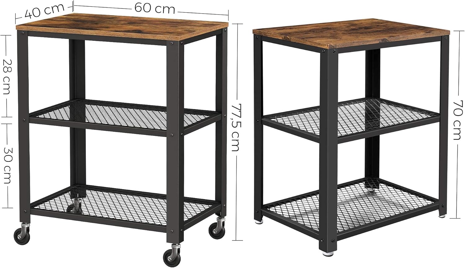 VASAGLE - chariot de service 3 niveaux - bois, roues, rangement LRC78X