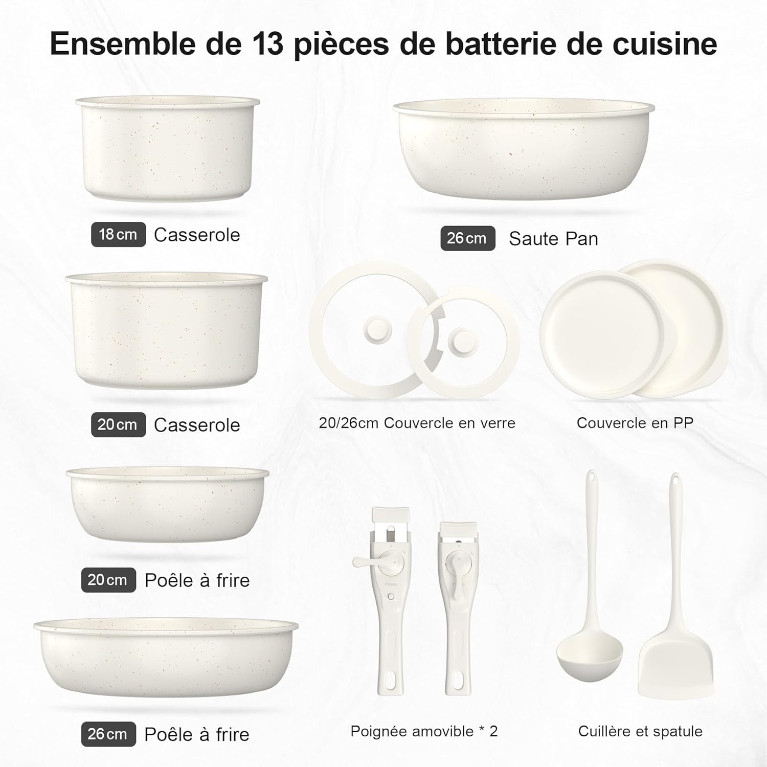 Zyronem - batterie cuisine 13 pièces céramique induction poignées amovibles