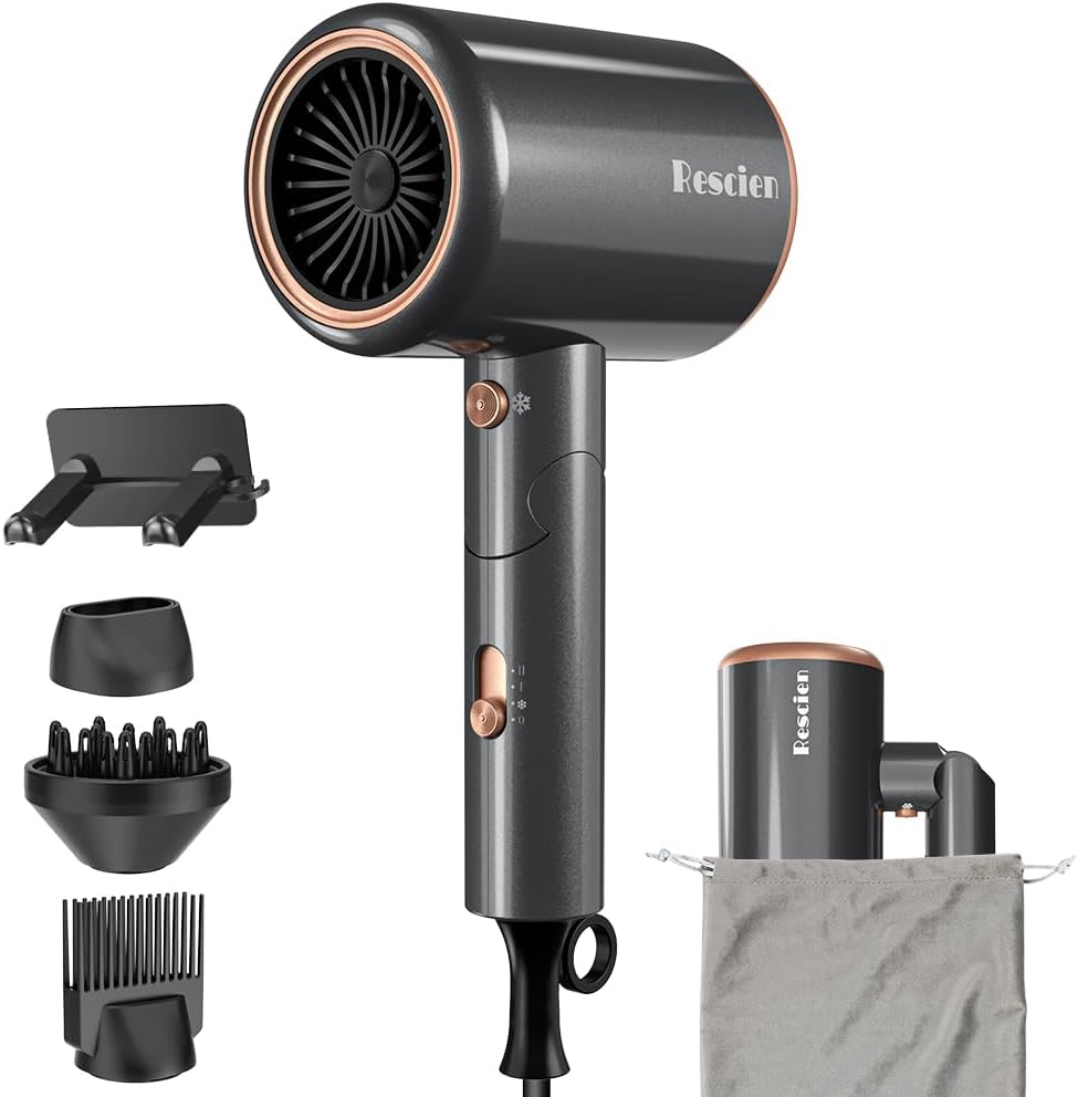 Sèche-cheveux ionique - 2400W compact - 3 vitesses, 3 températures, accessoires, sac de rangement