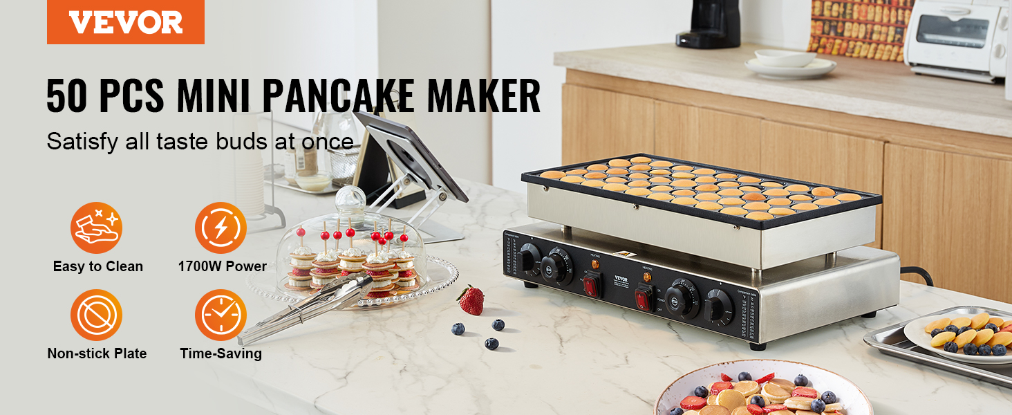 Le texte se lit comme suit : « MINI-CRÊPIÈRE VEVOR, 50 PIÈCES ». Une machine à crêpes commerciale présentée avec des mini-crêpes finies et une démonstration de cuisine.