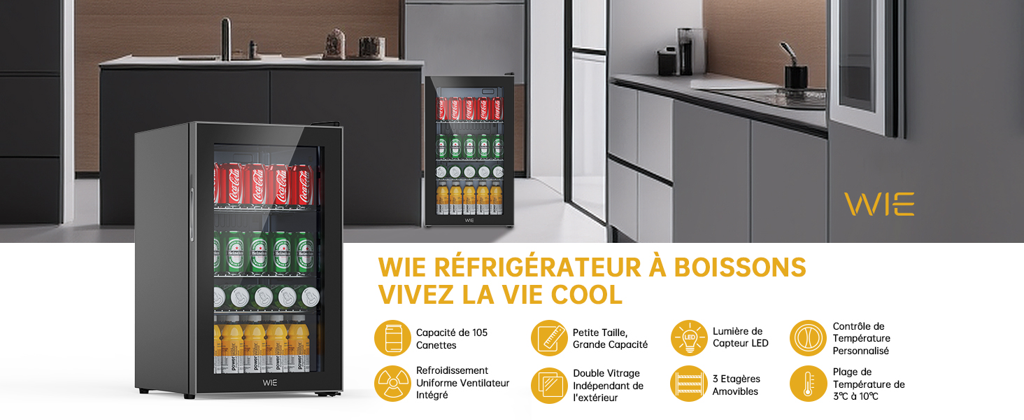 Mini-réfrigérateur noir avec porte vitrée, présentant diverses boissons en conserve. Un texte en français en fait la promotion en tant que réfrigérateur à boissons fraîches.