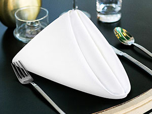 Serviette en tissu blanc pliée en forme triangulaire sur une assiette foncée. De l'argenterie est visible à côté de la serviette
