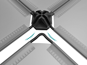 Un gros plan d'un connecteur d'angle en plastique noir avec des marques de mesure semble faire partie d'un système modulaire