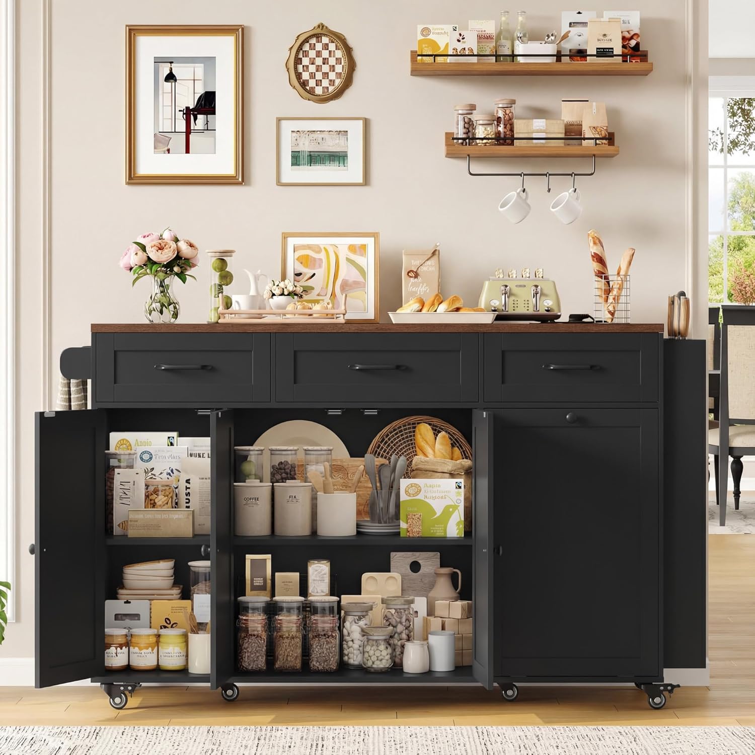 FirFurd - Ilot cuisine pliable sur roulettes, 135x60x88cm, USB et rangement