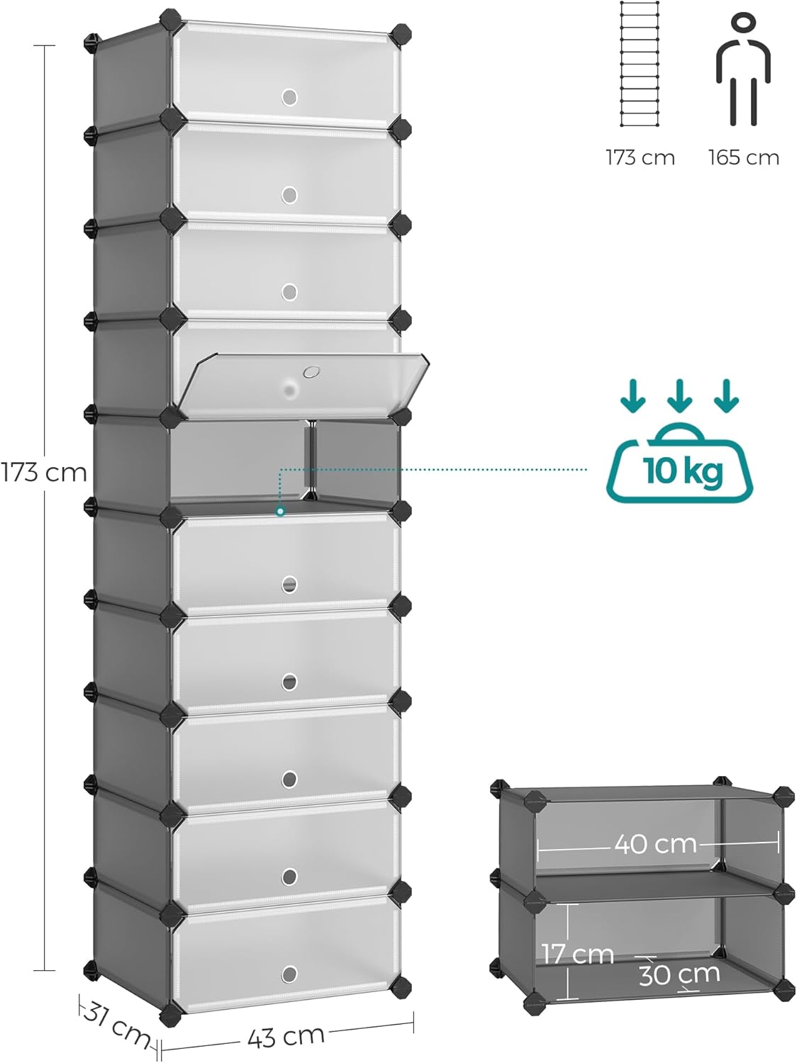 SONGMICS - Meuble à chaussures 10 compartiments, 20 paires, porte, malliet, gris LPC010G01