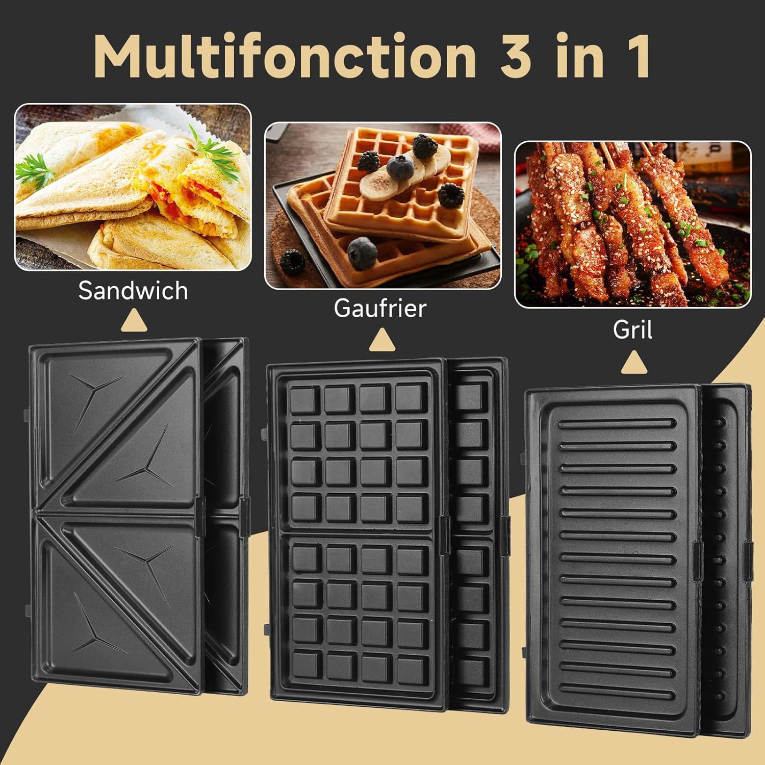 Aigostar - Gaufrier 3-en-1 - 750W - plaques antiadhésives, thermostat auto