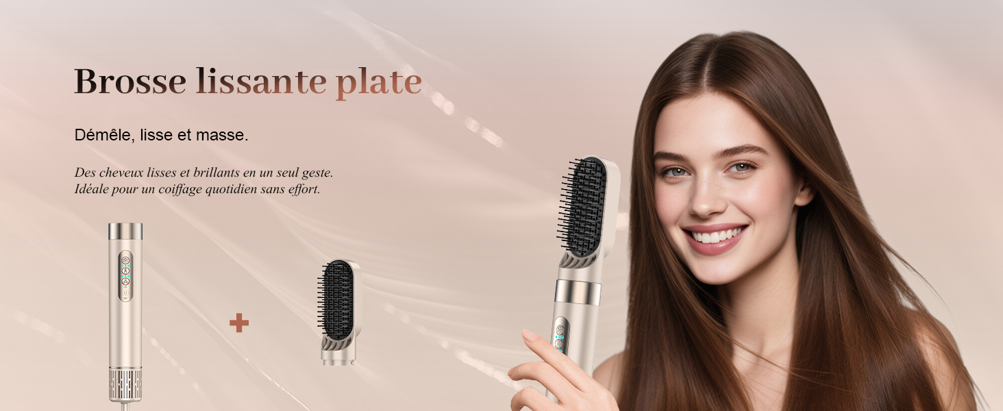 Le texte indique « mousse freestyle plate ». Publicité de produit montrant des outils de coiffage, y compris des brosses et des accessoires de soin des cheveux sur fond beige.