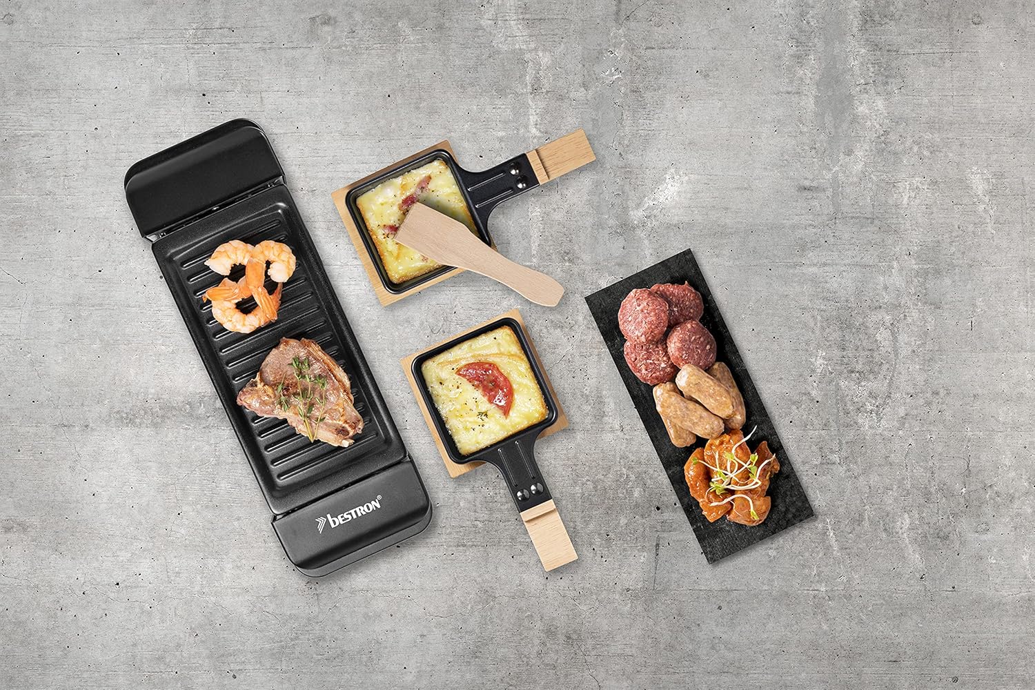 Bestron - mini appareil à raclette 2 pers - 350W, antiadhésif, noir/bois